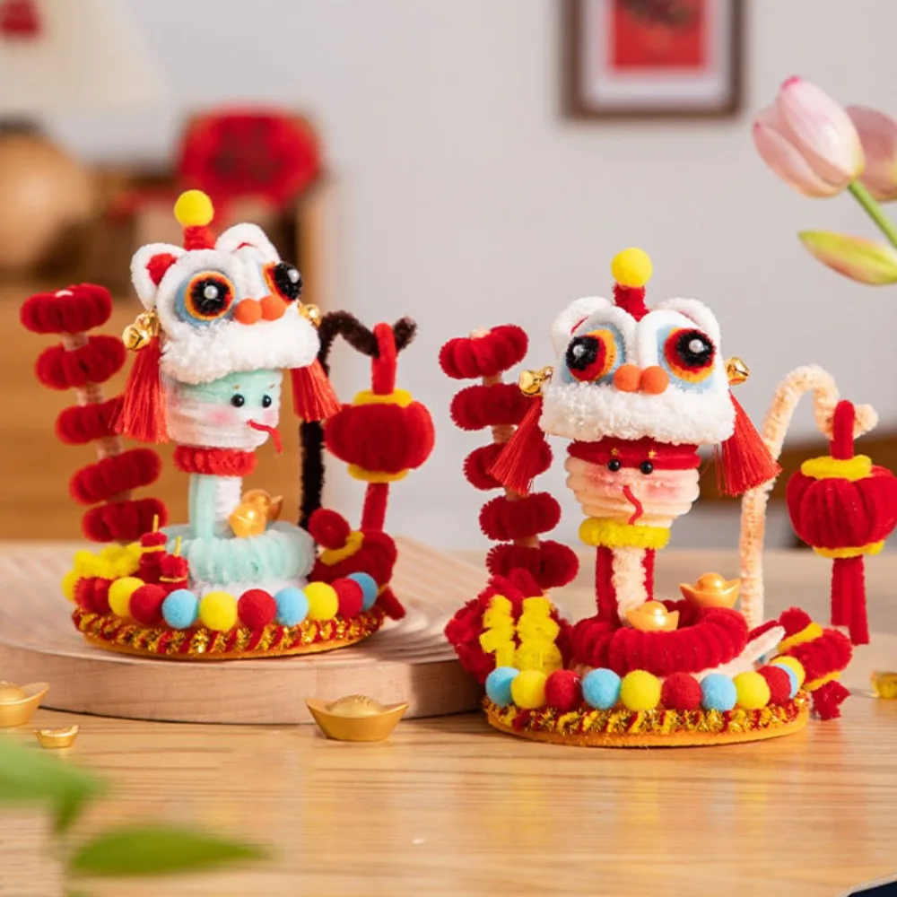 Iron Wire Strip Stick Kids DIY Lion Dance Toy Twist Wire Blessing Handmade Plush New Year Craft Realistic Art Lantern Pendant