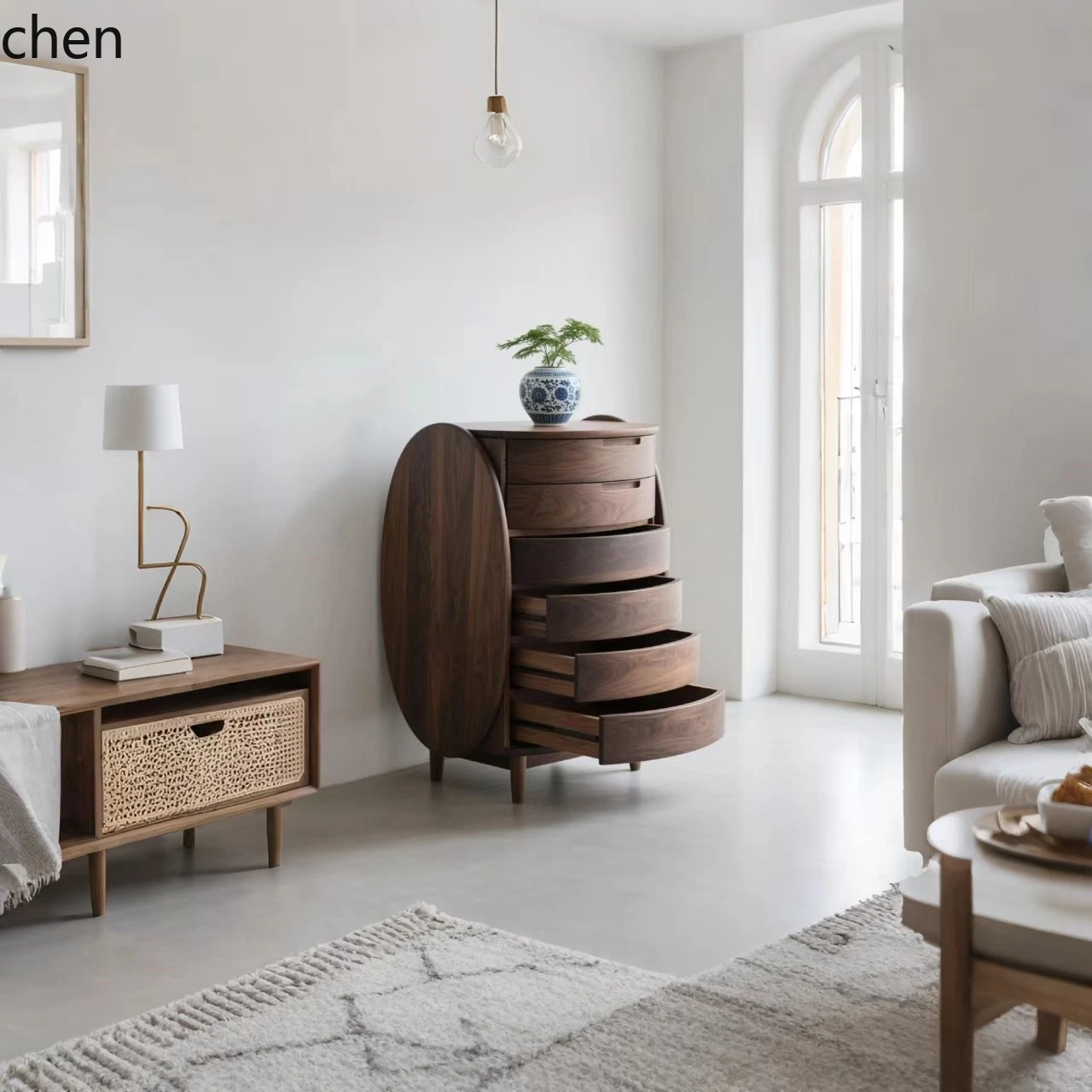 HT Minimalistische Kommode aus massivem Holz, Schubladenschrank, Wohnzimmer, Kunstaufbewahrung, ovaler Schrank