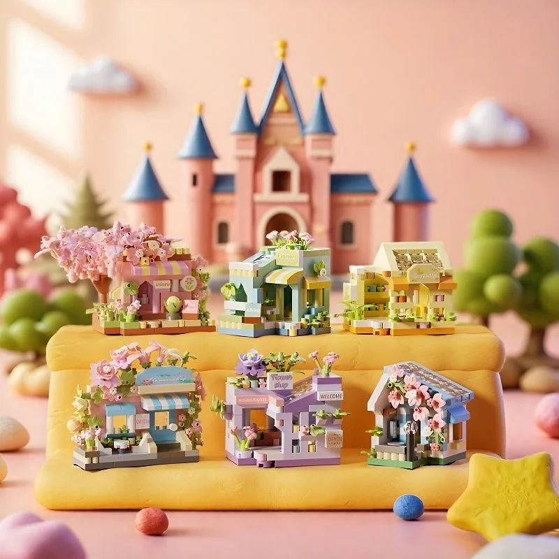 Mini City Street View Flower Shop Food House Building Blocks Kit Home Decor Girls Assembly Bricks Model Kids Educational Toy
