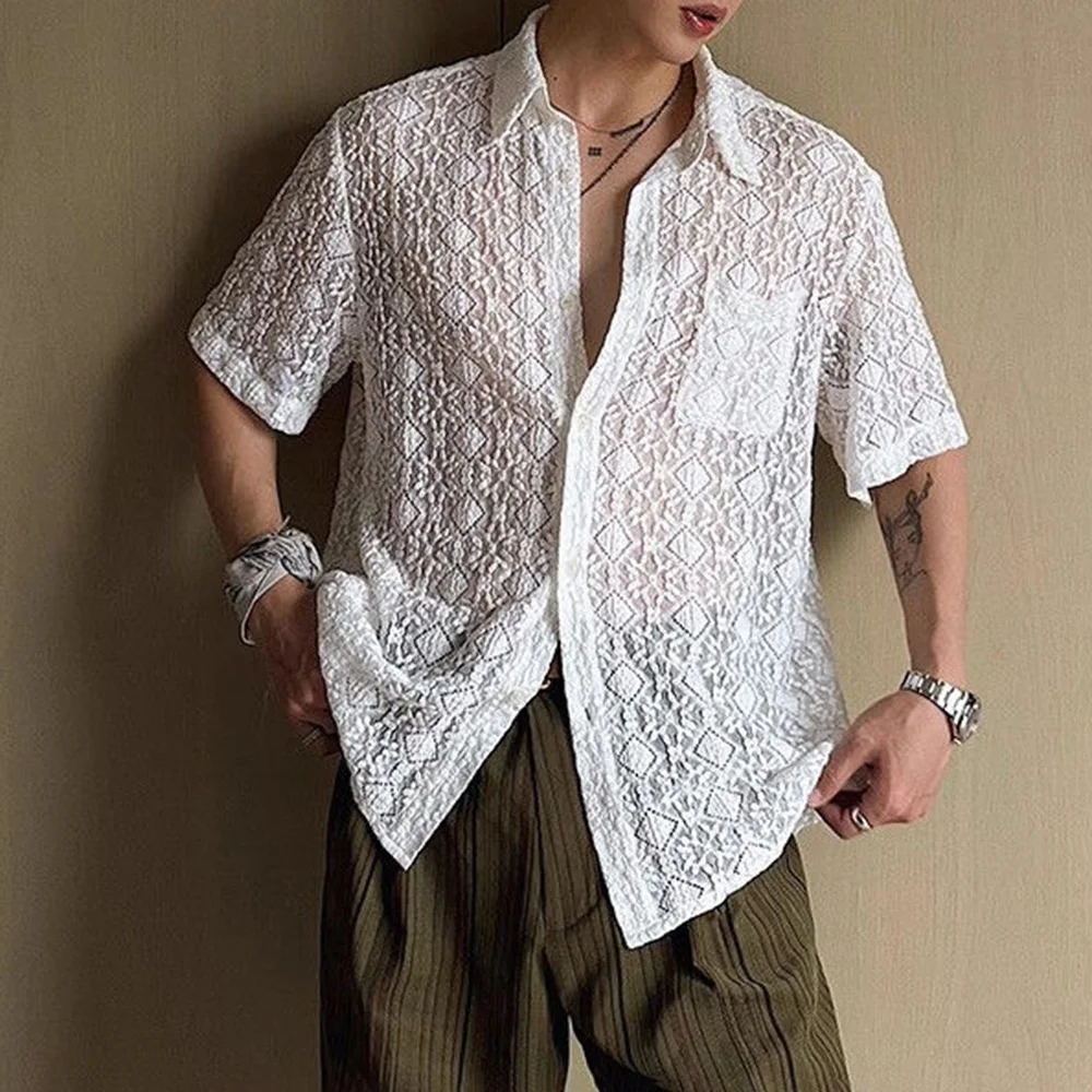 

Mens Shirt Lace See-Through Transparent Geometric Shirt Summer Beach Vacation Hawaiian Slim Short Sleeve Top Men'S Clothing