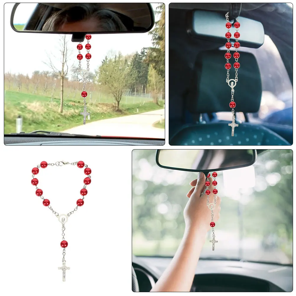 

2pcs Car Rosaries For Rearview Mirror Catholic Beads Cross Pendant Auto Hanging Accessories Silver Metal Decor Women Men