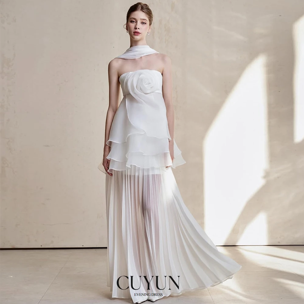 

CUYUN 2025 New Women Evening Dresses Strapless Ruffled Flower Party Dresses Summer Chiffon Customized Special Occasion Gown
