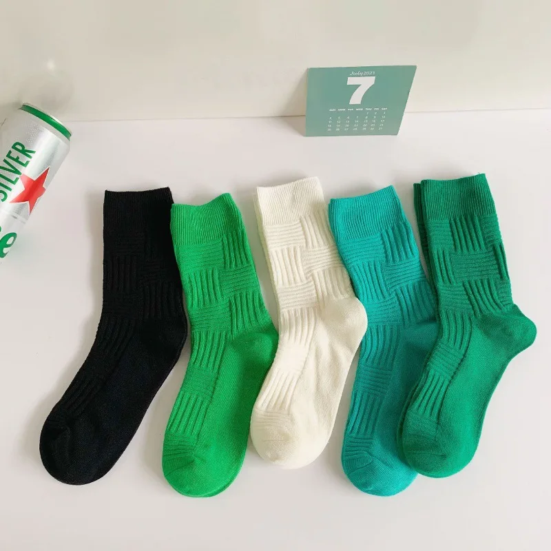 1 Pair Green Socks For Men And Women 2024 Autumn Winter Mid Tube Socks Retro Pile Socks Pure Cotton Double Needle Textured Sock