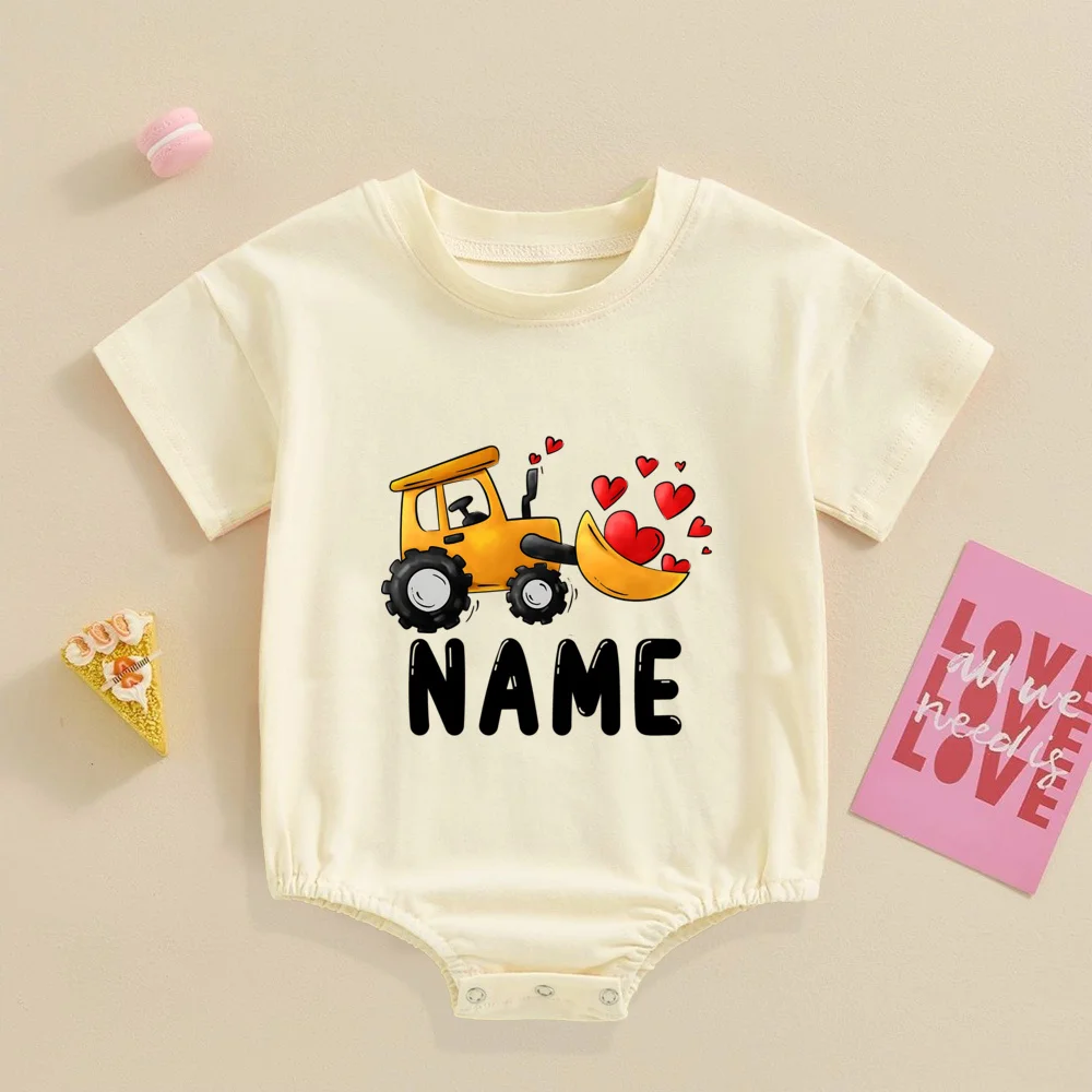 Personalized Baby Valentines Day Rompers Custom Valentines‘s Day Construction Truck Toddler Bodysuit Excavator Digger Jumpsuit