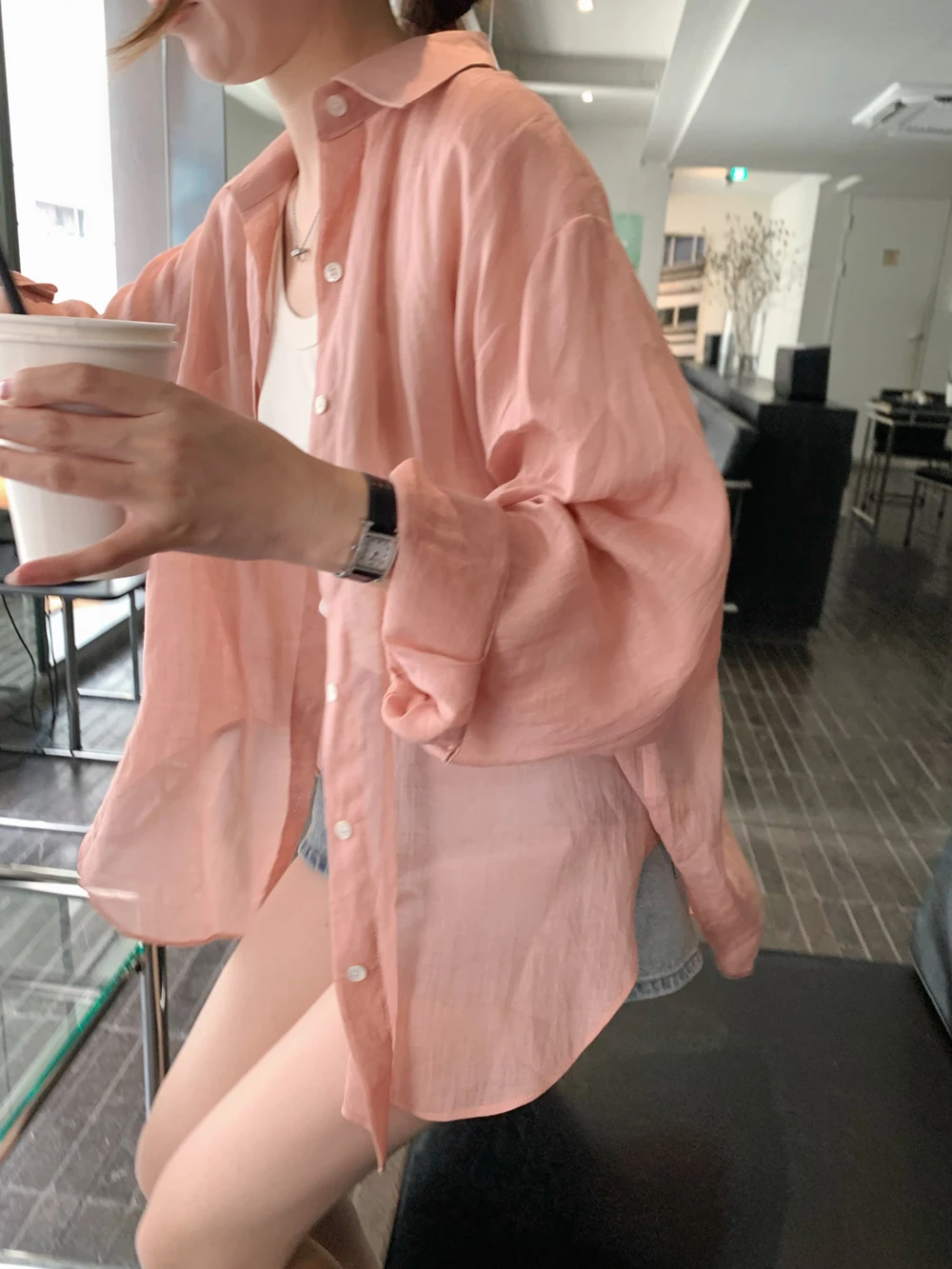 

New by SPRING Long Sve Linen irt Women's Top Lazy Feelings Pink Color Beautiful Casual Sle Straight Cut Mid-Length