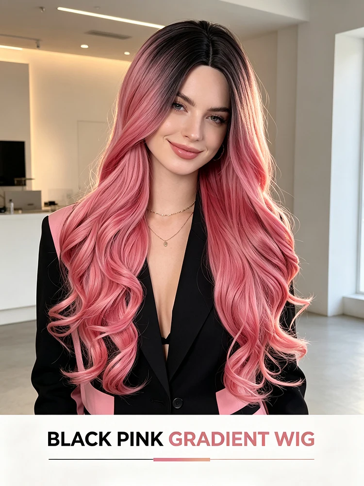 Synthetic 28 Inch Women Gradient Pink Big Wave Long Curly Hair Wig Halloween Cosplay Heat Resistant Fiber