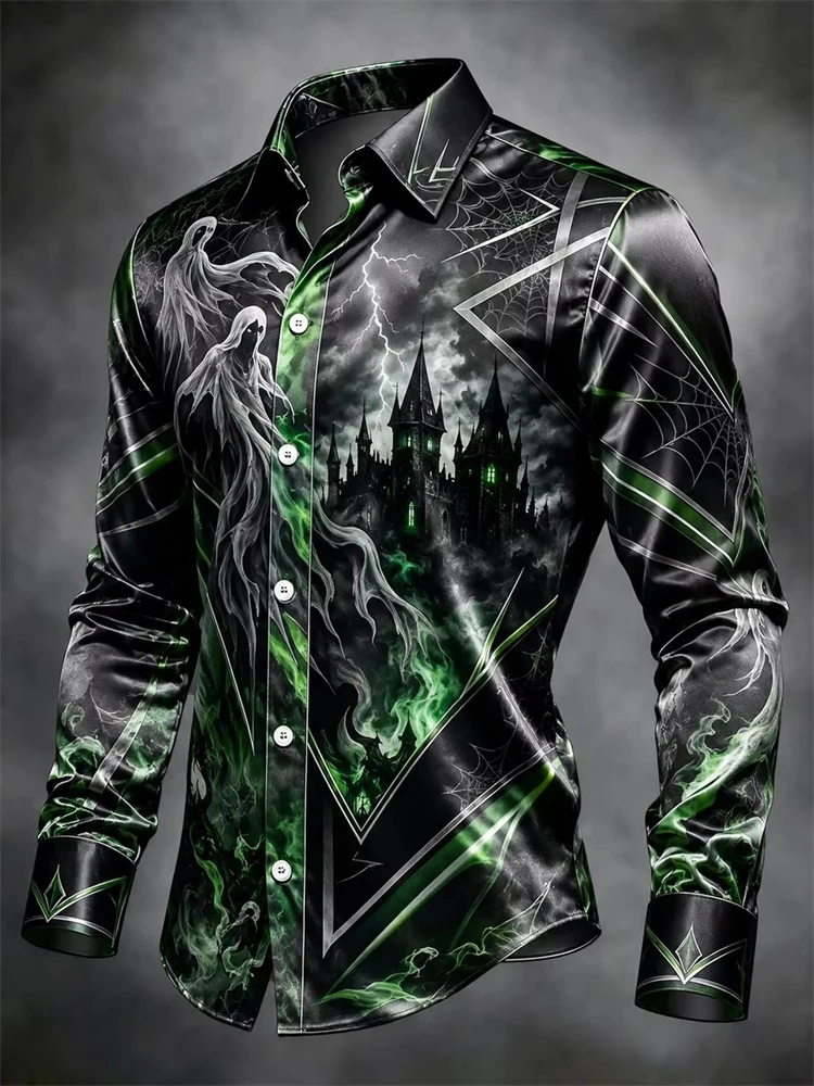 Men's Autumn Halloween Long-Sleeve Shirt Vintage Pumpkin Print Button-Down Loose Plus-Size Fit Festive Street-Style Party Top