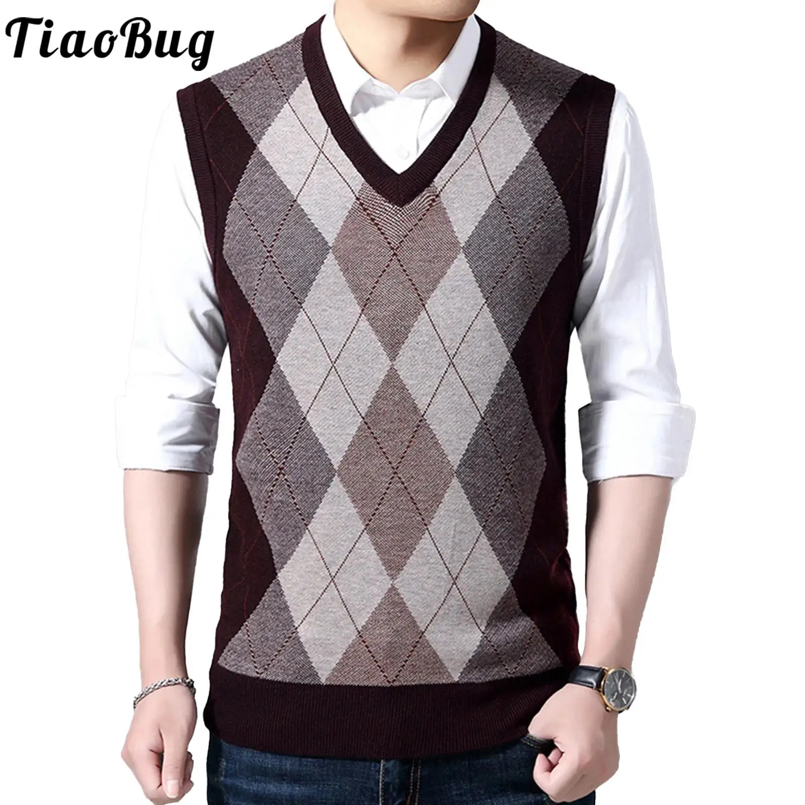 Mens Argyle Knitted Vest Casual V Neck Slim Fit Sleeveless Sweater Pullover Knitwear for Work Office Party Holiday Travel