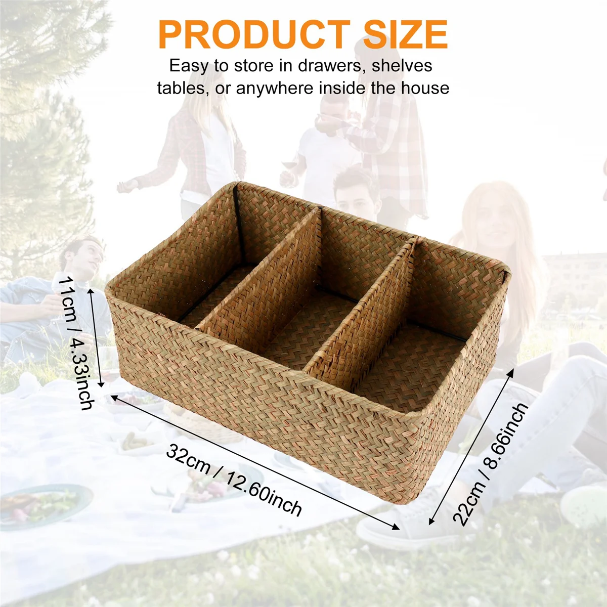 

【Price-Drop!】3-Section Wicker Baskets for Shelves, Hand-Woven Seagrass Storage Baskets Toilet Paper Basket Large