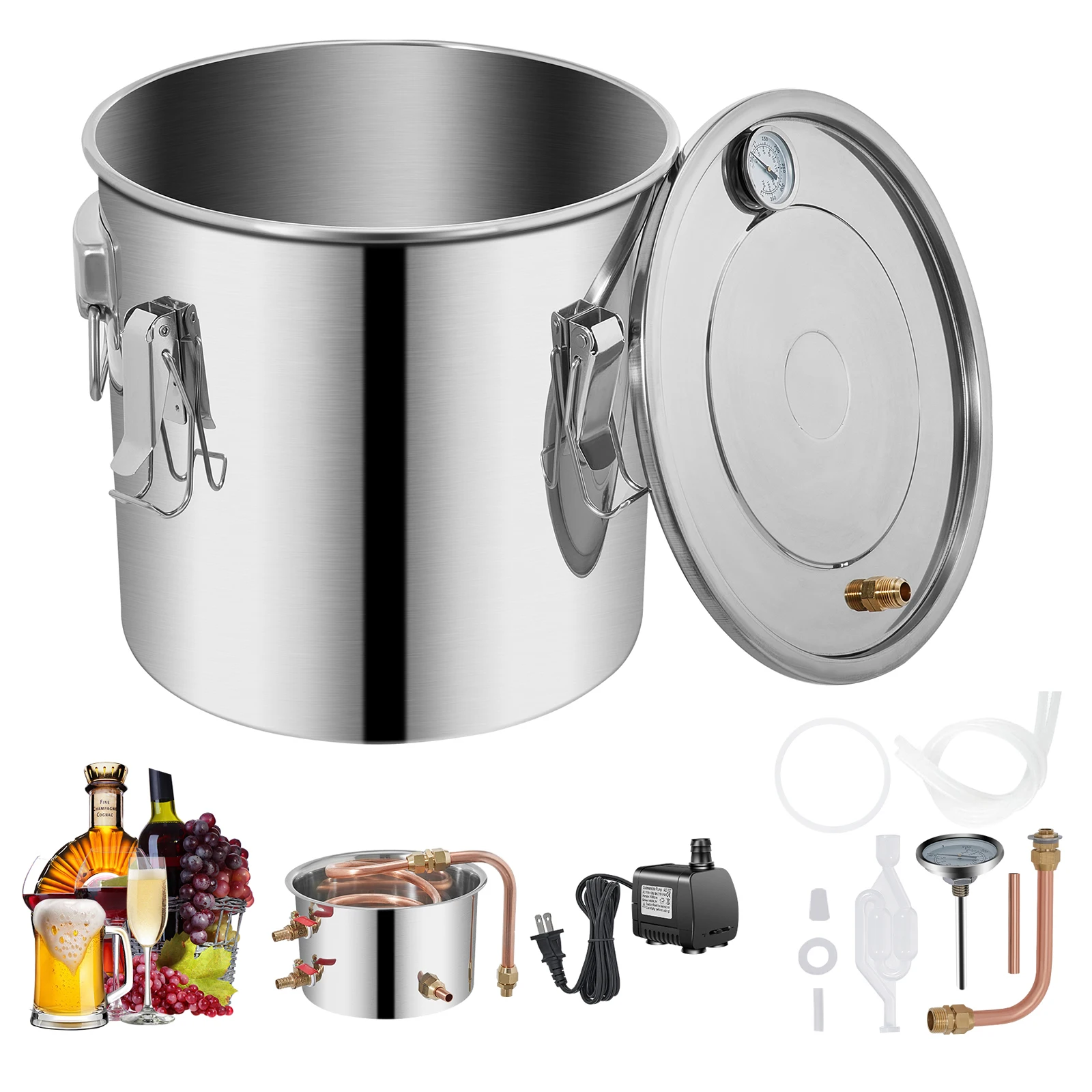 Alcohol Still 9.6Gal/38L, Whiskey Distilling Kit with Build-In Thermometer, Alcohol Distiller with Circulating Pump, Alcohol Still Copper Tube, Whiskey Making Kit for DIY Alcohol, Stainless Stee