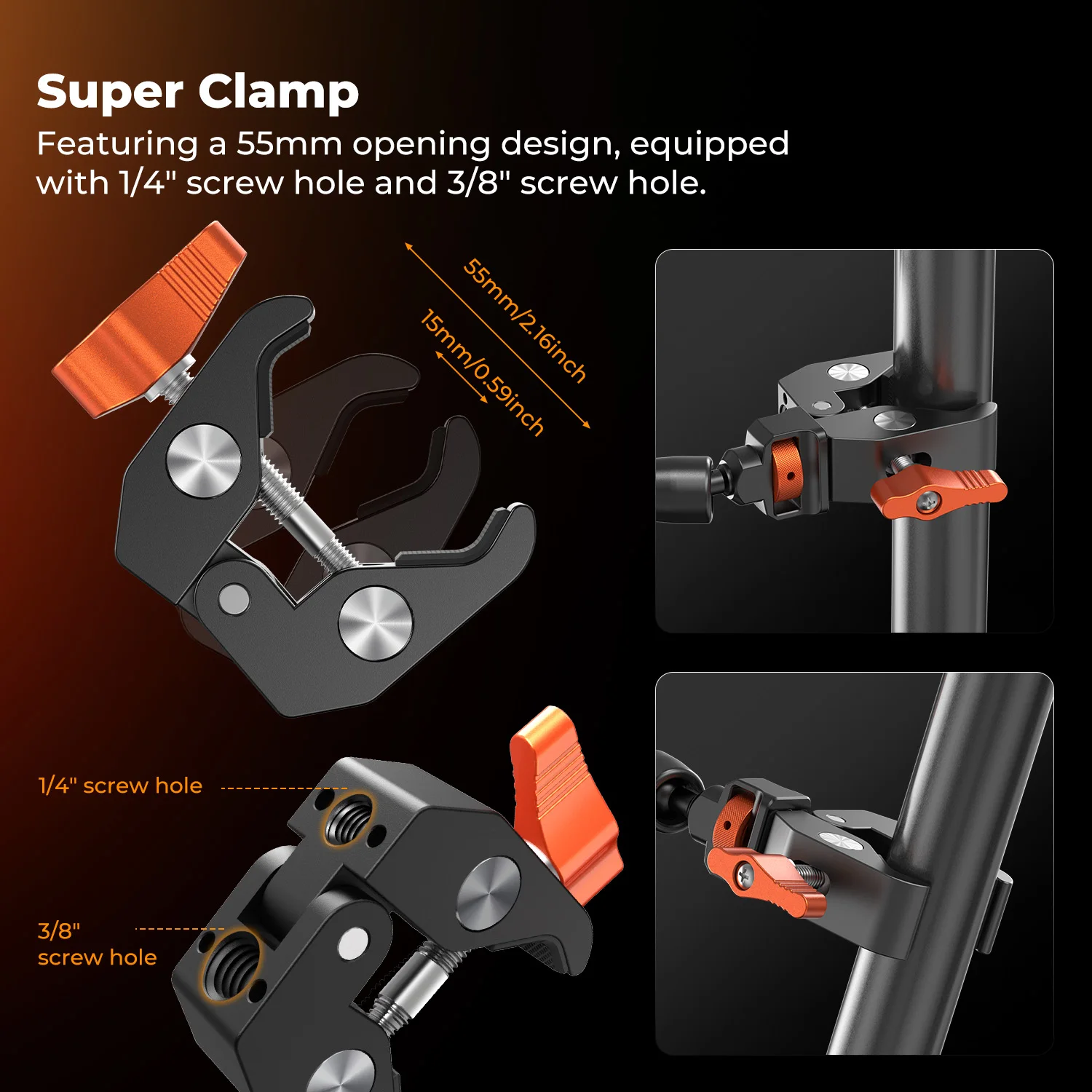 K&F CONCEPT Magic Arm Clamp z Super Clampem, gwint ARRI 1/4" 3/8", śruba, obrót 360 stopni °   Głowica kulowa z mocowaniem na zimną stopkę i zaciskiem 11 cali MS33 — zdjęcie produktu 4
