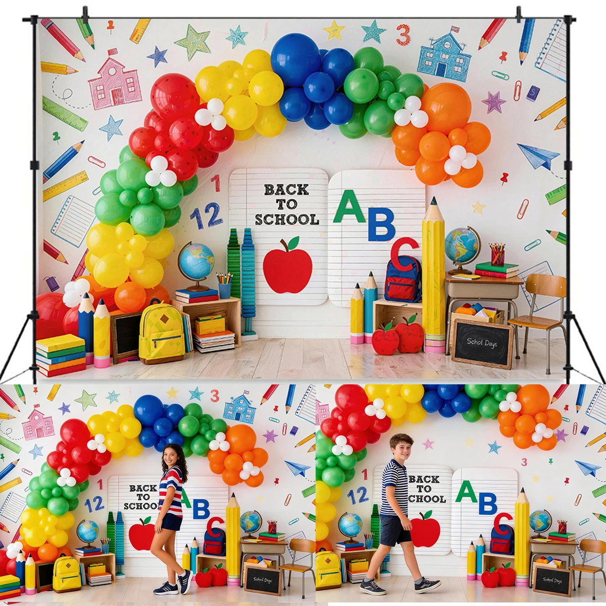 Back to School Backgrounds Balloons Cake Smash Photo Books Backpack for Kids First Day of School Shoots Classroom Party Backdrop