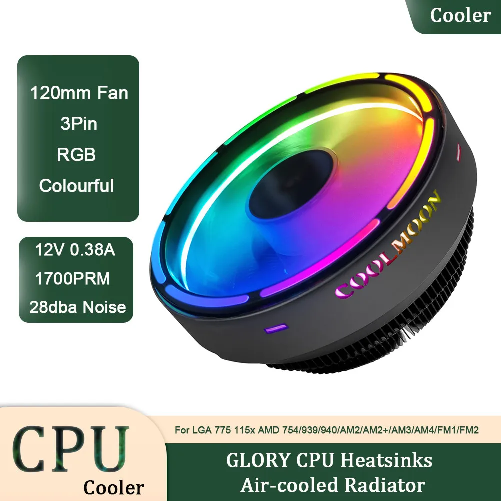 Кулер для ЦП GLORY, радиатор для ЦП с RGB-подсветкой, вентилятор 120 мм, радиатор с воздушным охлаждением для LGA 775 115x AMD 754/939/940/AM2/AM2 +/AM3/AM4/FM1 2
