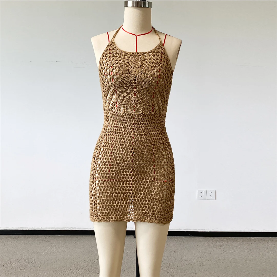 Halterneck, rückenfreies, gehäkeltes, gestricktes Tunika-Strandkleid, Strandkleid, Strandmode, Damen V8402 – Detail 9