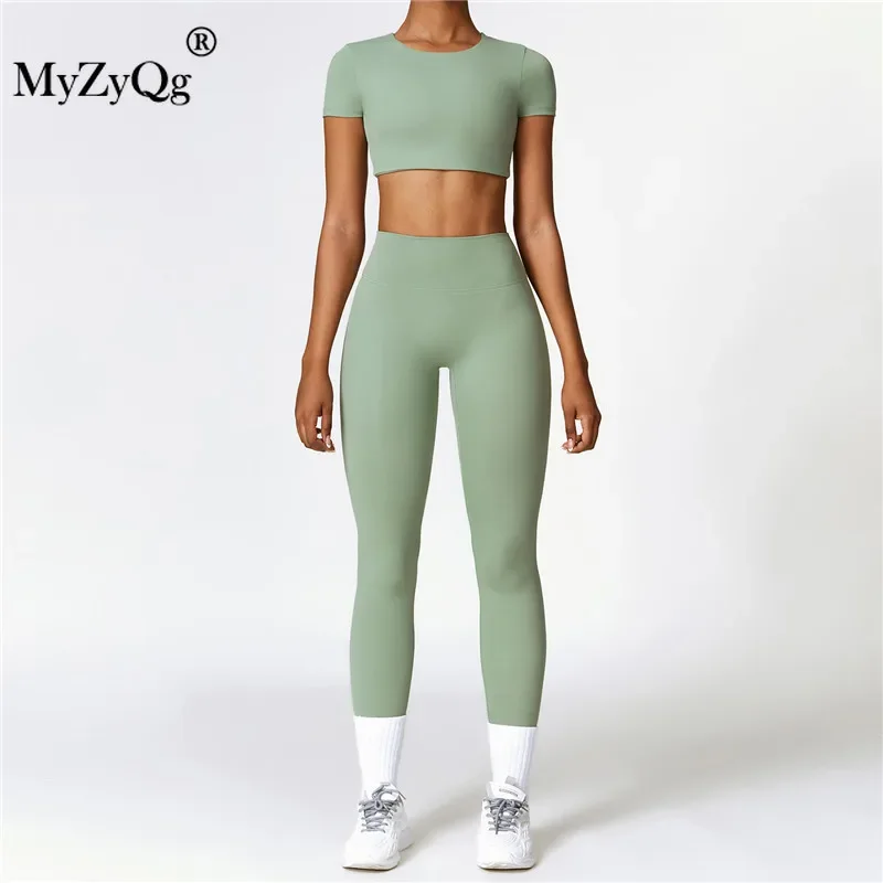 MyZyQg-Ensemble de yoga pour femmes, T-shirt serré à manches courtes, pantalon d'extérieur, sport de loisirs, course à pied Pilate, fitness, legging imbibé