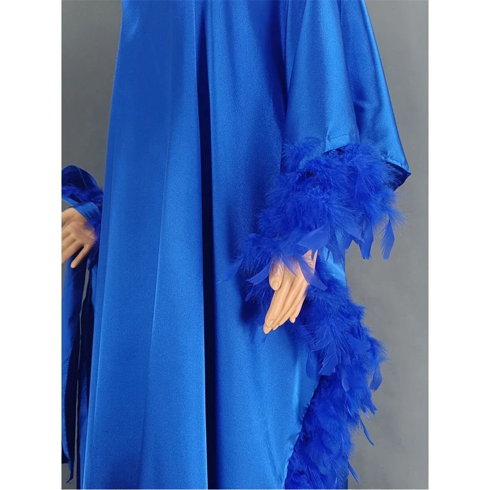 Autumn Fashion Satin Tassel Robe Dress African Women Elegant Loose V-neck Bat Sleeve Feather Long Dress Lady Party Evening Gown