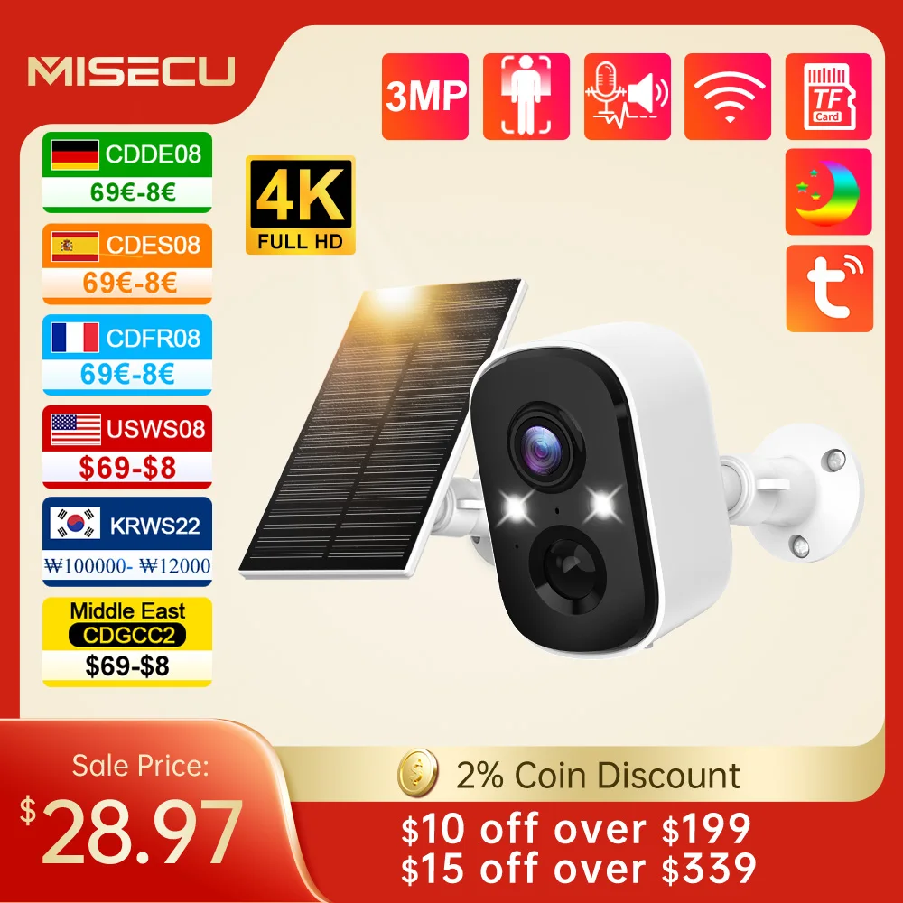 MISECU Tuya 3MP Security Battery Camera with Solar Panel Two-way Audio Wireless Outdoor Full Color Night Vision Surveillance P2P