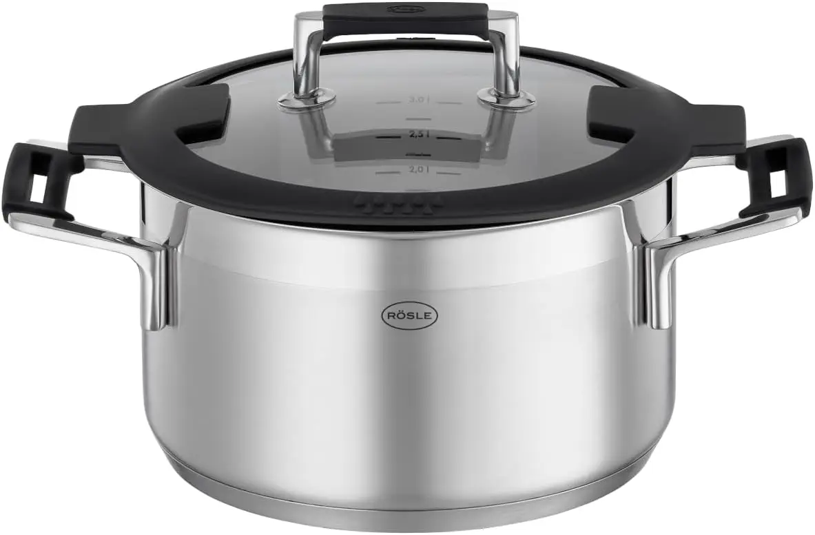 

Кастрюля Rosle 91962 Silence Pro с высокой кастрюлей из нержавеющей стали с изолированными ручками и крышкой 20 см / 7,9 дюйма, серебристая