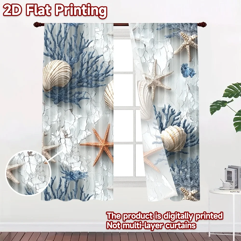2D flat 2pcs Curtain Modern Minimalist Style Coastal Shells and Starfish Digitally printed polyester, colorfast Family Party