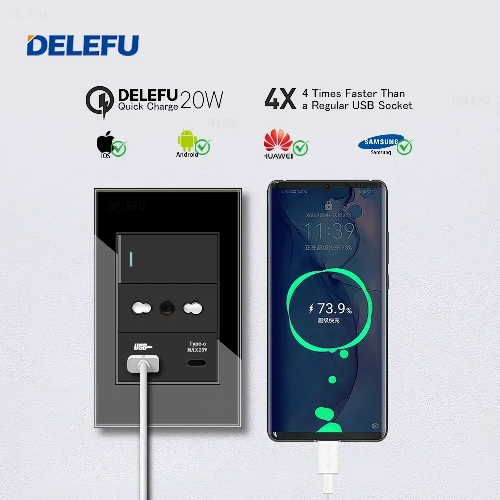 DELEFU-Prise murale USB Type-C, standard italien, verre guatémaltèque noir, interrupteur pour télévision par satellite, téléphone CAT5, CAT6