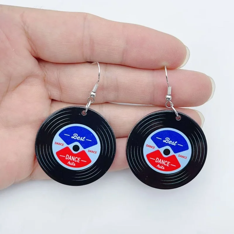 2pcs acrylic record pendant earrings women's round music theme hanging earrings fashionable party clothing