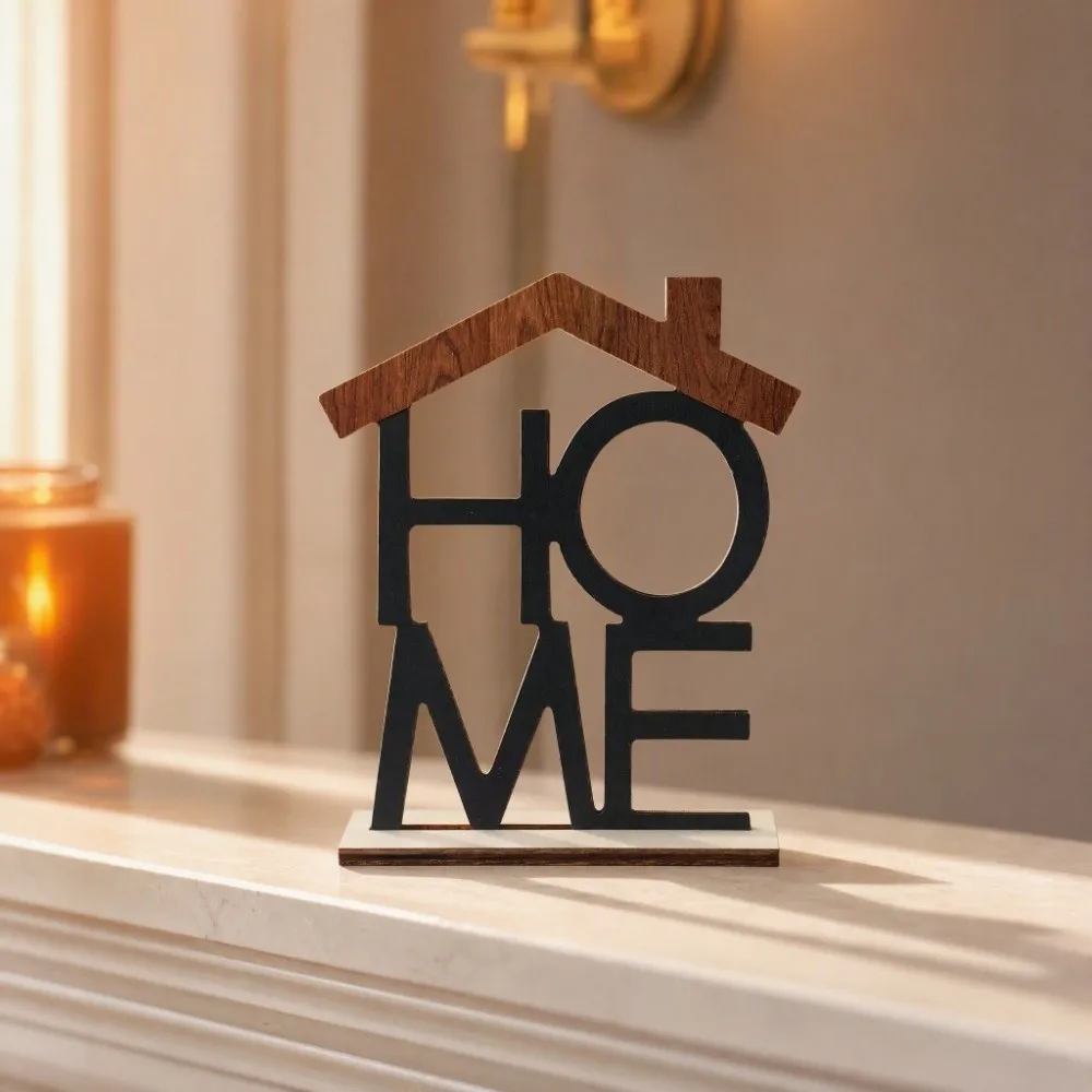 Wooden Models Wood Home Ornaments HOME LOVE House-Shaped Love Miniature Decoration DIY Geometric Letter Car Interior Ornament