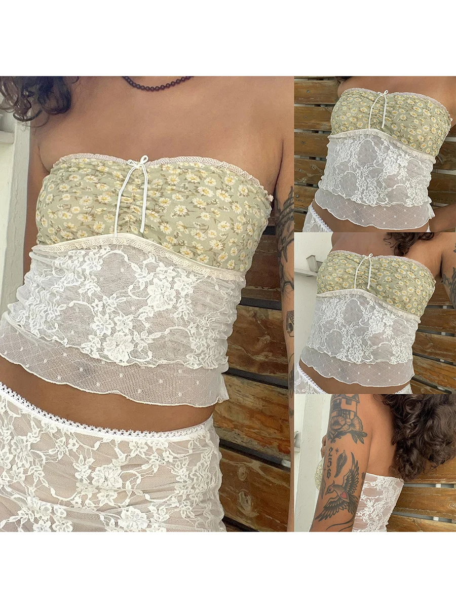 Damskie biała koronka Patchwork Daisy kwiatowe topy typu tuba Y2K krótka, bez ramiączek topy letnie Sexy Bandeau dla młodej dziewczyny