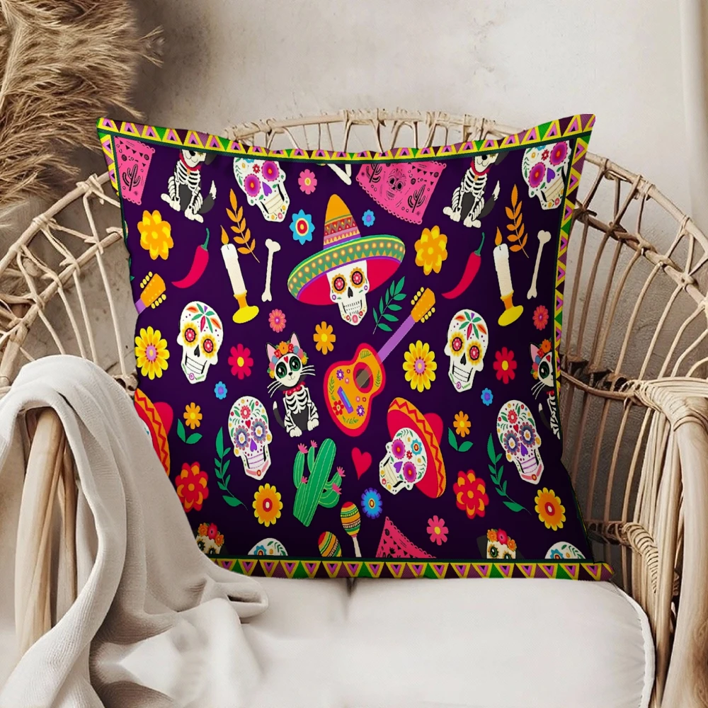 Square Throw Pillow Case Purple Mexican Day Of The Dead Sugar Skull Cat Cactus Guitar Floral Print Decorative Cushion Cover For