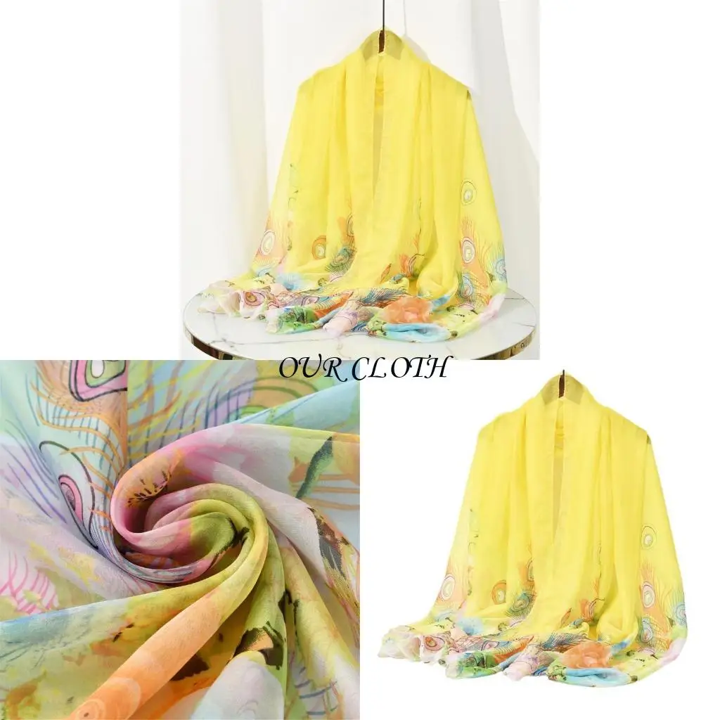 Women Long Shawl Breathable Beach Shawl Peacocks Printed Chiffons Scarf Fashion Beach Dress for Travel Y1AC