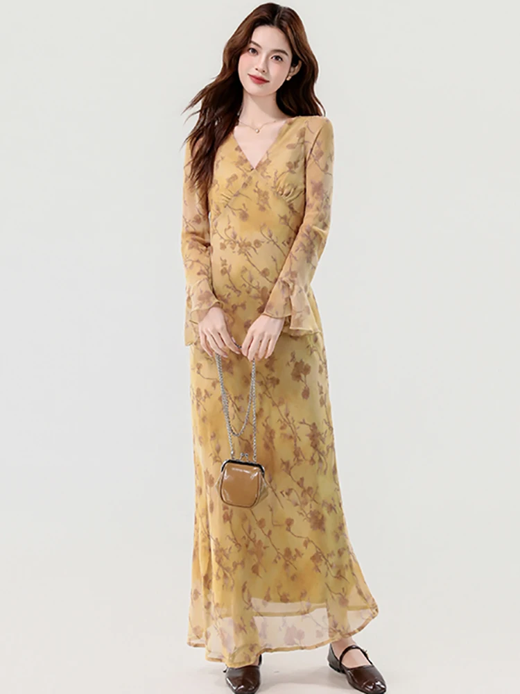 2025 Boho Floral Chiffon Long Sleeve V-Neck Dress Women Elegant Chic Ruffled Long Dress Autumn Korean Fashion Bodycon Prom Dress