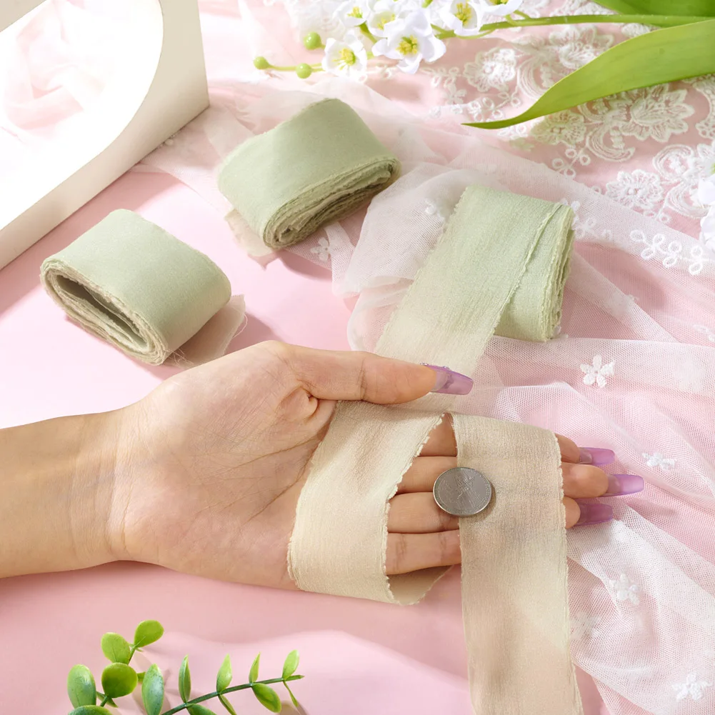 3 Rolls Frayed Polyester Ribbon Flower Bouquet Ribbon Raw Edge Wired Ribbon for Gift Wrapping Accessories Wedding Decorations