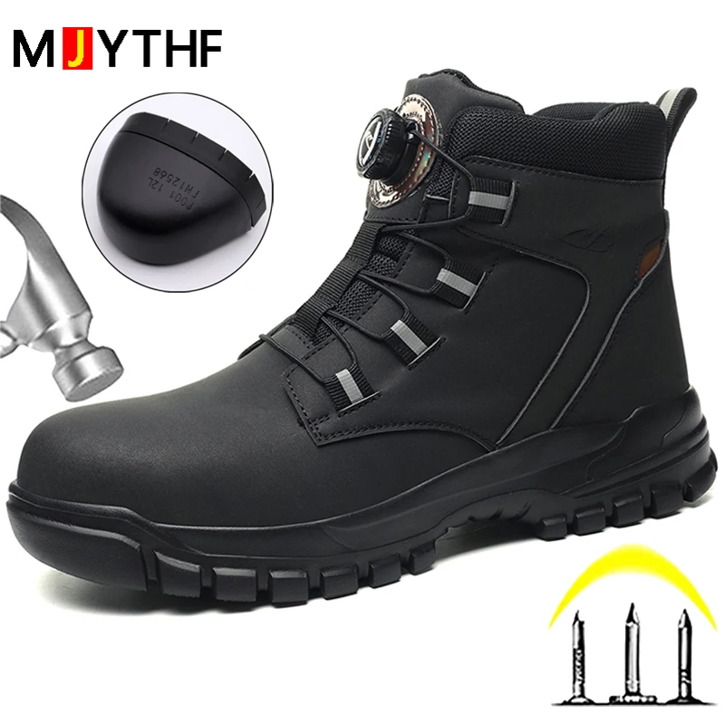Rotating Buttons Safety Shoes Men Waterproof Work Boots Steel Toe Shoes Puncture-Proof Indestructible Shoes Light Large Size 48