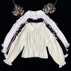 Japanese Kawaii Lolita Blouse Women Bow Lace Peter Pan Collar Vintage Shirts Tops Female Pink Slim Blouses Korean Style Clothing