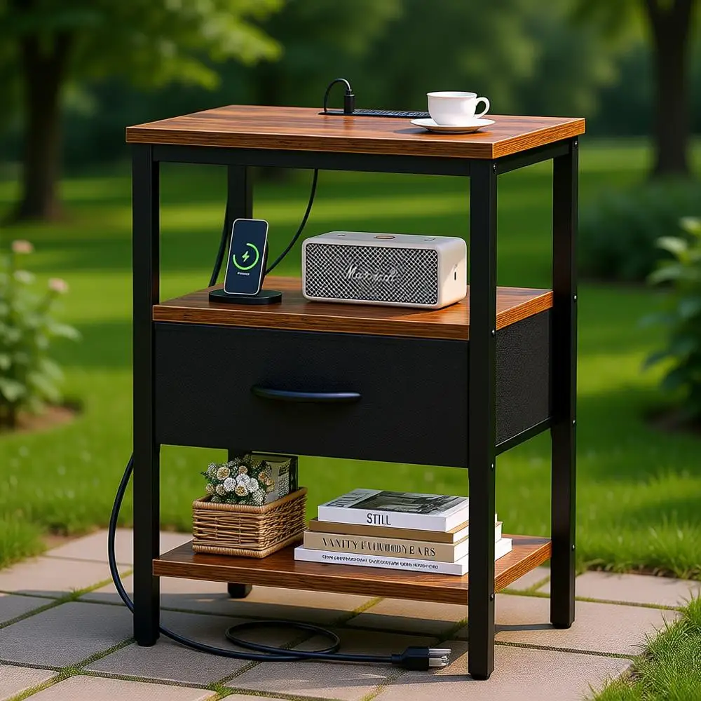 

Тумбочка прикроватная 3-уровневая регулируемая тканевая с зарядной станцией для спальни, цвет рустик-коричневый и черный