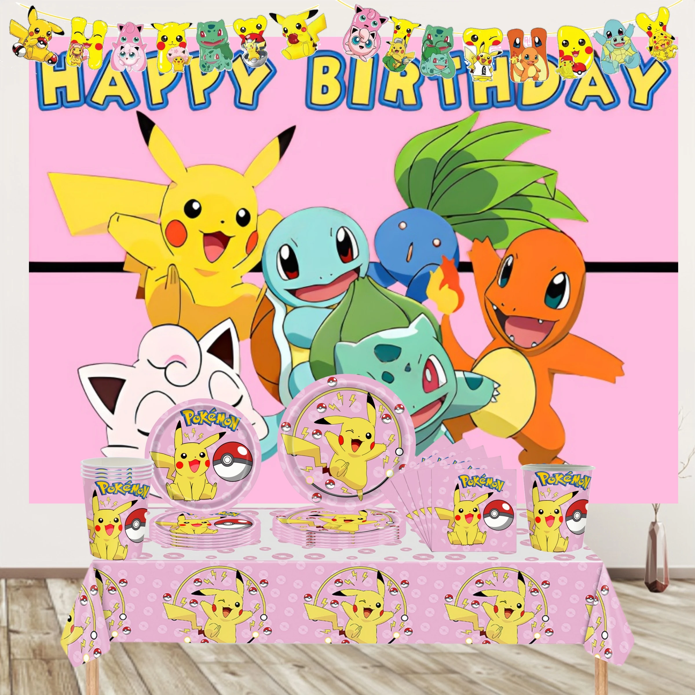 Pink Pokemon Birthday Party Decoration Disposable Tableware Set Pikachu Tablecloth Cup Plate Baby Shower Kids Diy Party Supplies