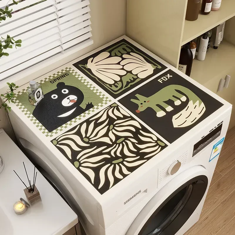 VIKAMA Patchwork Bear Fox Washing Machine Cover Mat Four Grid Floral Print Waterproof Anti Dust Laundry Dryer Surface Pad