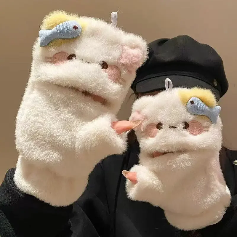 Плюшевые перчатки с милым котом, теплые и холодные студенческие перчатки, женские зимние мягкие бархатные утолщенные перчатки с клапаном, декор для девочек