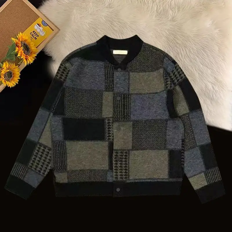 

Осенние и зимние куртки для мужчин, кардиган, вязаная сетка, свободные и удобные трендовые с заниженными плечами, простой бейсбольный воротник для отдыха