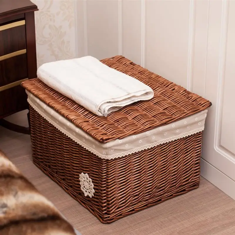 Wicker Basket Rectangular Woven Basket With Lid Countertop Storage Baskets Organizer Rattan Woven Basket Storage Container