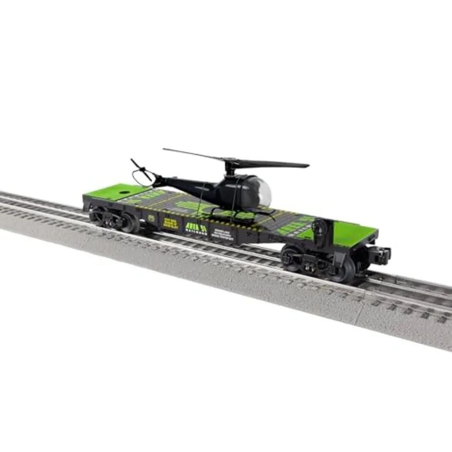 

Area 51 'UFO Recovery' Flatcar with Helicopter Load, O Gauge Model Train Car, Diecast Trucks, Gray, Realistic Weathering Detail