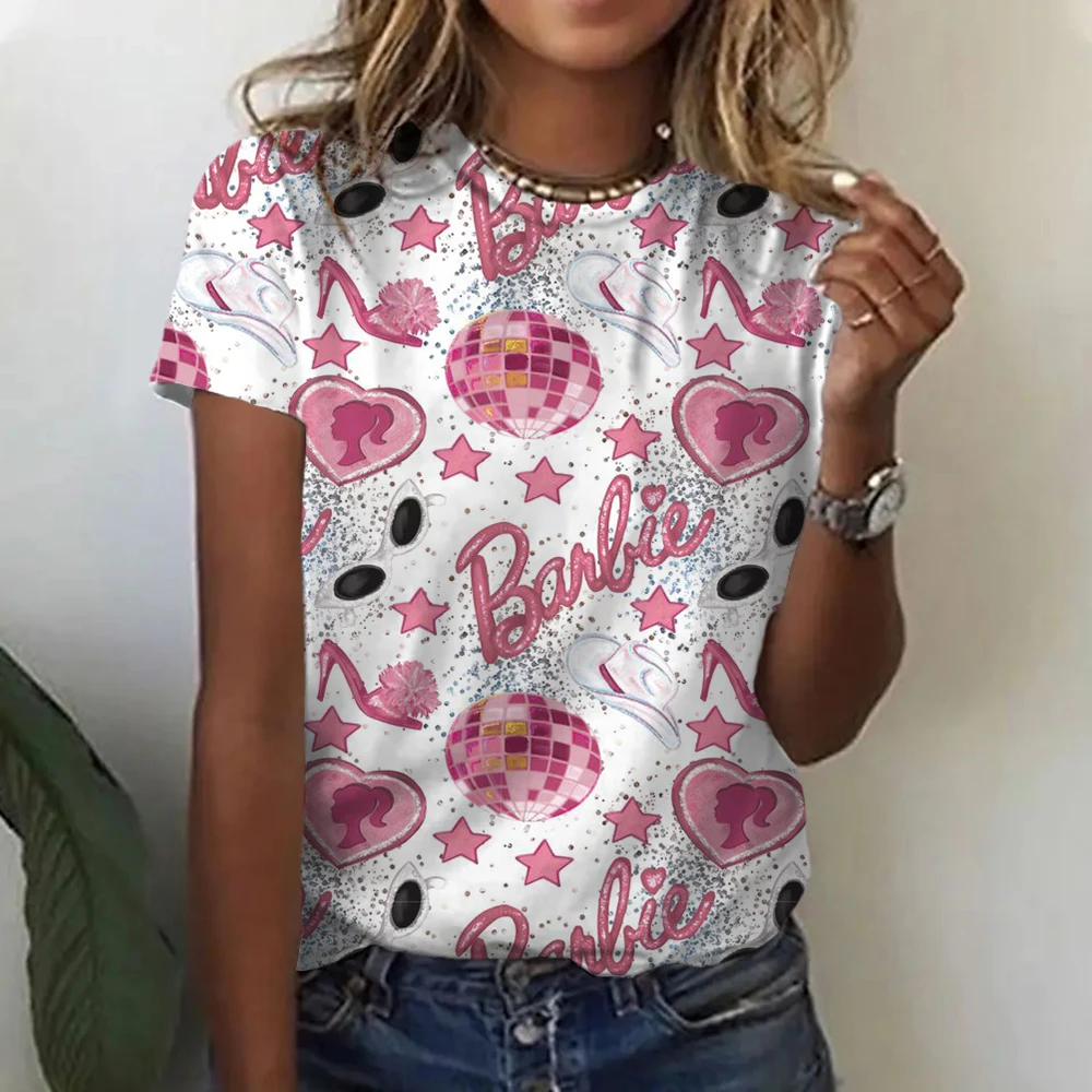 Camiseta de manga curta da Barbie para mulheres, gola redonda, estampada em desenhos animados, fofa, solta, estilo simples, genuína, primavera e verão, nova, 2024