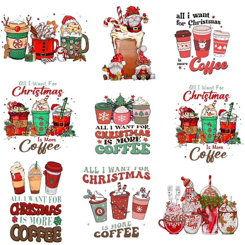 Christmas coffee Iron-On Heat Transfer Patch Santa Claus Stickers Decals for T-shirts Xmas Sweatshirts Bags Clothing Appliqued