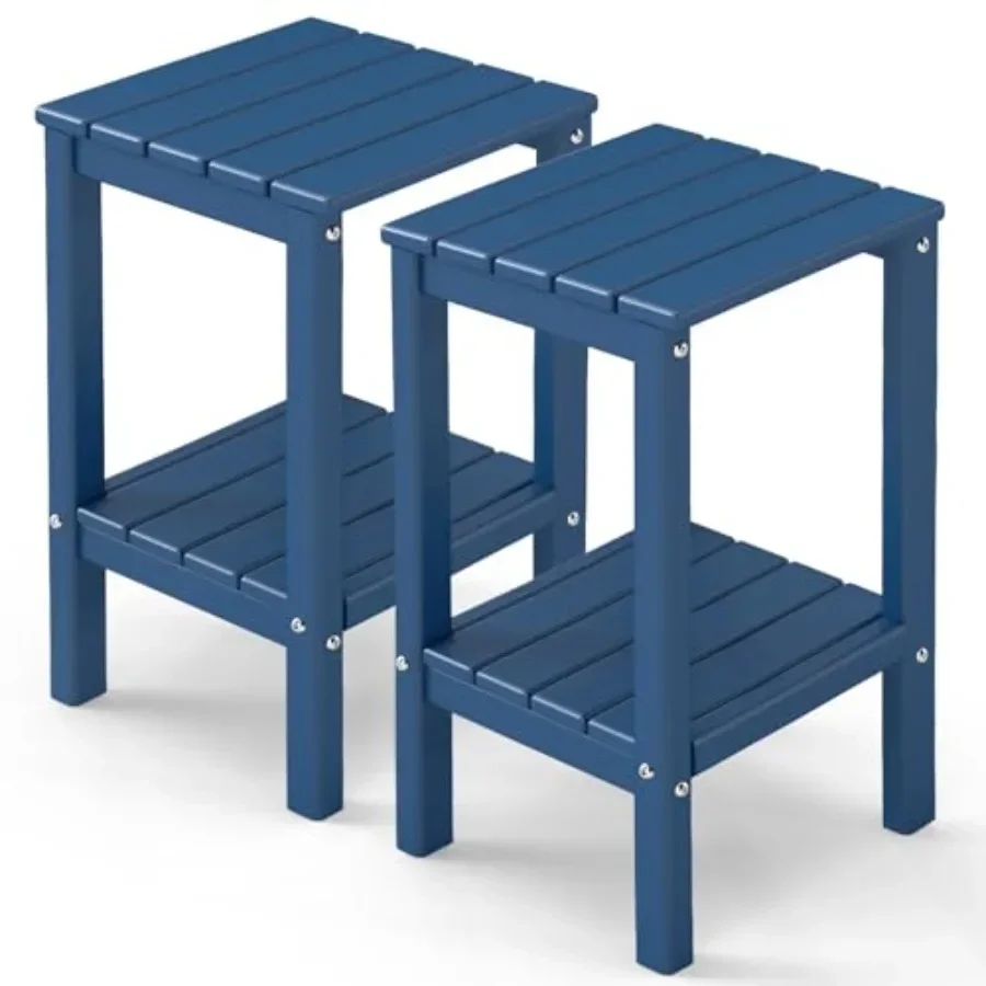 HDPE Tall Outdoor Side Table Set of 2, w/Storage Shelf Weather-Resistant Polyethylene, Charcoal Gray, Space-Saving Dual-Tier De
