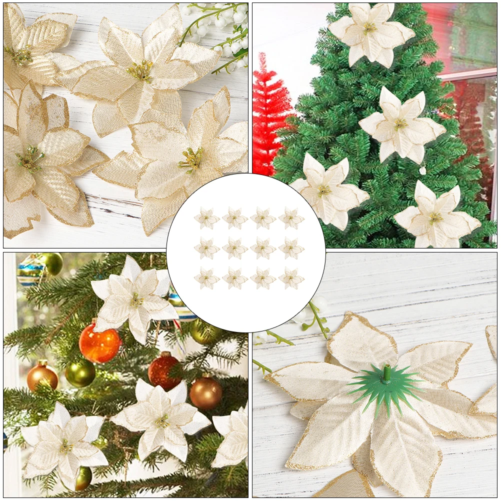 

24pcs Artificial Christmas Flower Decors Golden Powder Xmas Tree Decorations Delicate Party Wreath Accessories Diy Crafts Home