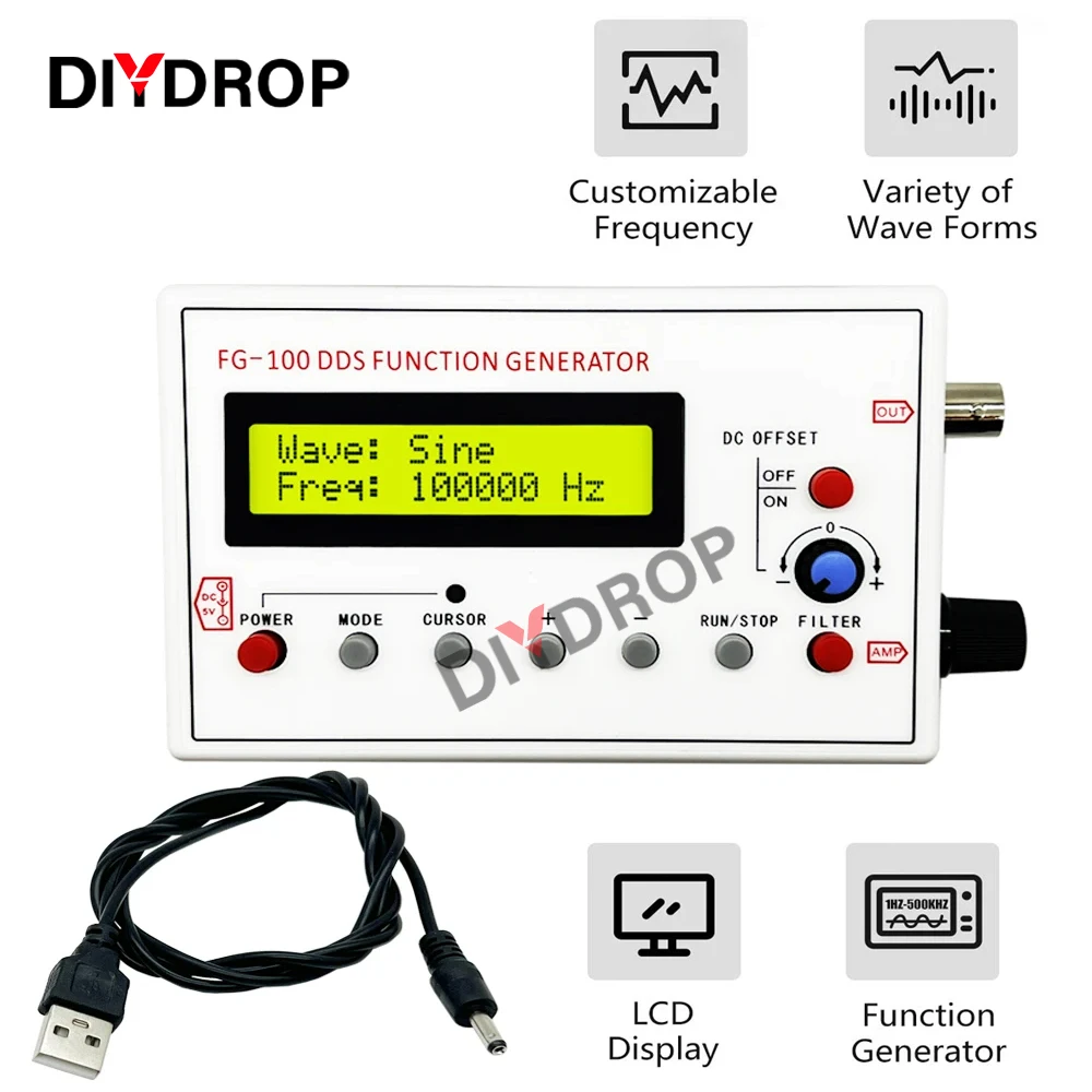 

FG-100 DDS Function Signal Generator Frequency Counter 1Hz - 500KHz Signal Source Module Sine+Square+Triangle+Sawtooth Waveform