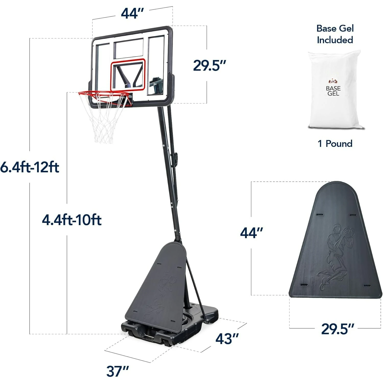 4.4-10ft Adjustable Regulation Basketball Hoop, Portable Goal w/Shatterproof Backboard, Ball Return, Base Gel