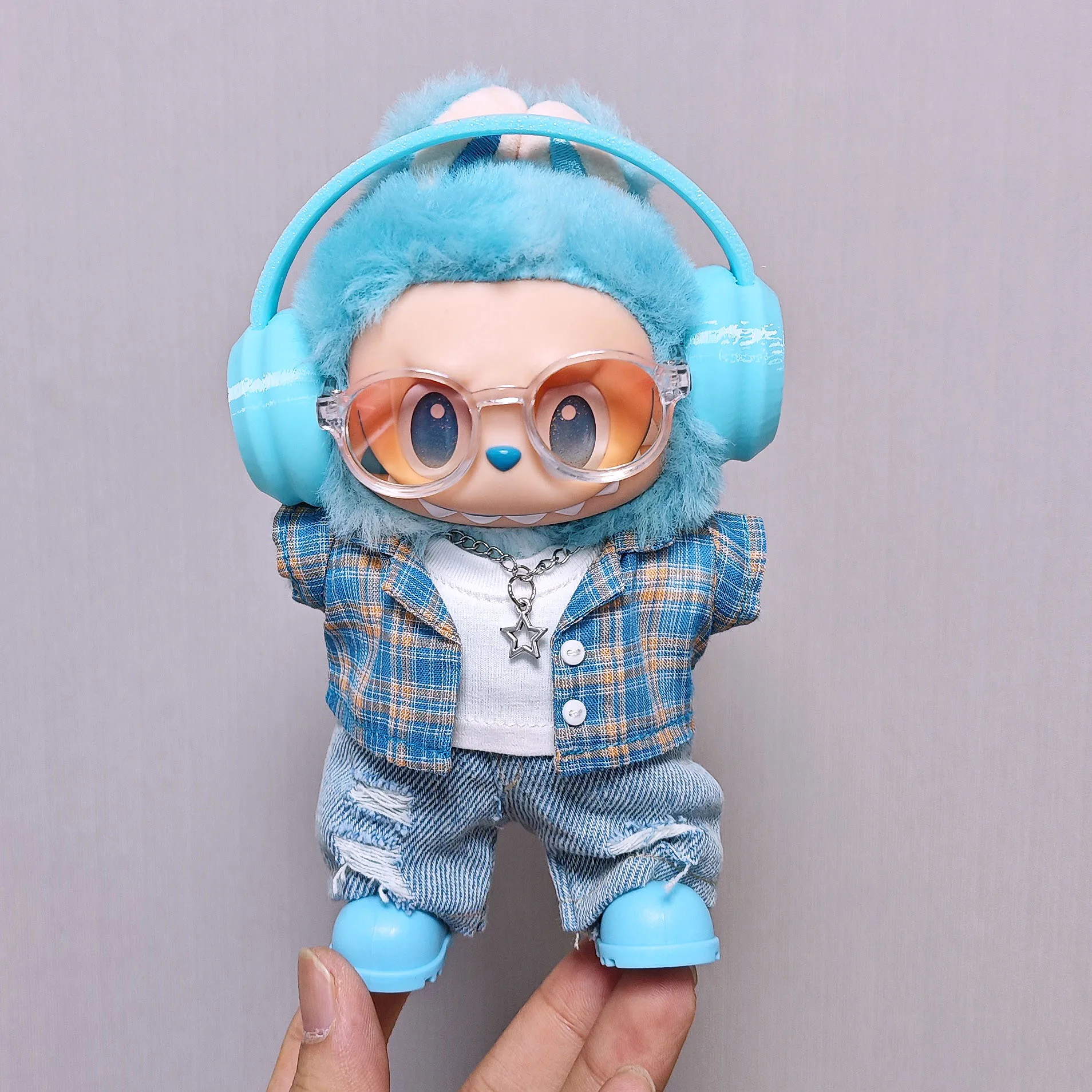

17cm Labubu Doll Clothes Blue Checkered Shirt Ripped Jeans Set Labubu Outfit Clothing Accessories for 1st-3rd