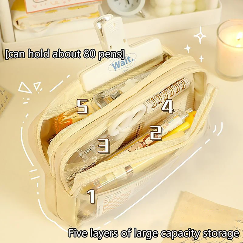 Bolsa de lápices transparente de gran capacidad, estuche para bolígrafos, caja de soporte de papelería, bolsa de lápices con cremallera para estudiantes, suministros escolares, 1 pieza