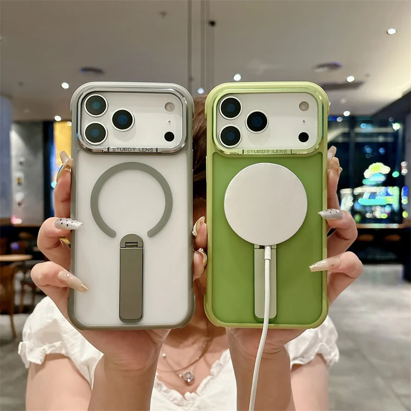 

Magnetic Translucent Shockproof Armor Case For iPhone 12 13 14 15 16 17 Pro Max 360° Holder For Magsafe Wireless Charging Cover