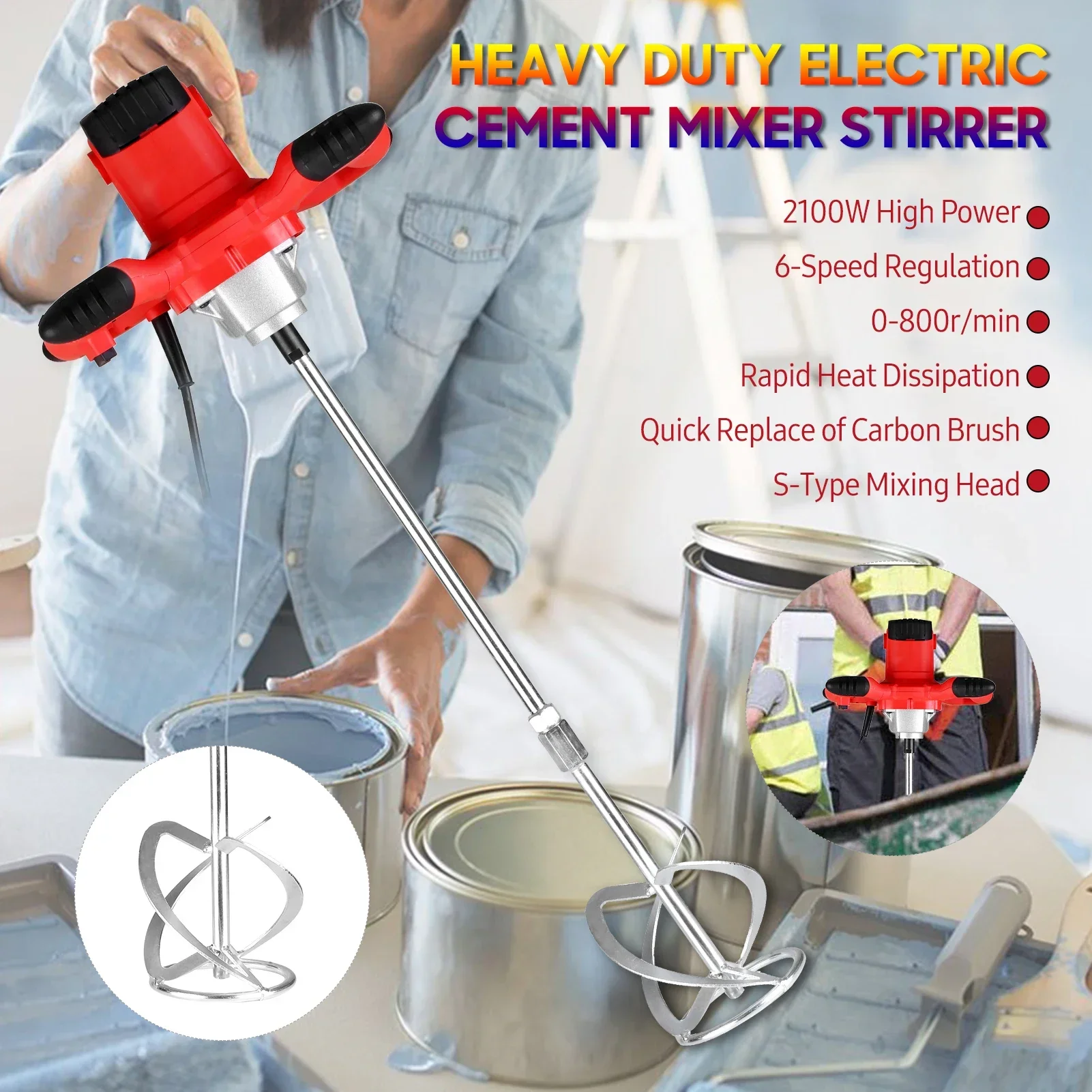 2100W Electric Cement Mixer Stirrer Heavy Duty 6-Speed Regulation Handheld S-type Concrete Mixer for Mortars Paint Mud Grout